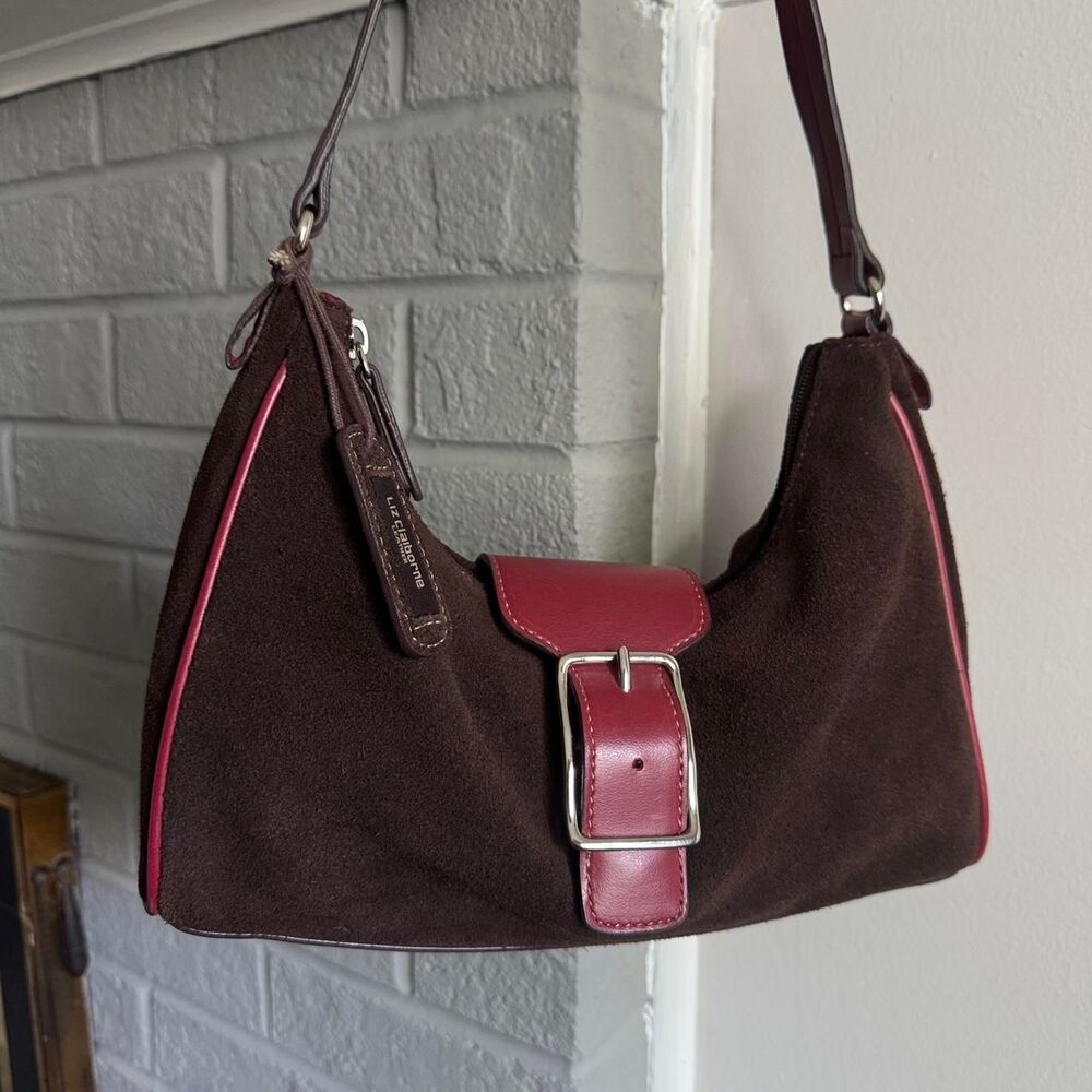 Vintage Y2K Liz Claiborne Brown Leather Hobo Bag Red Buckle NWT